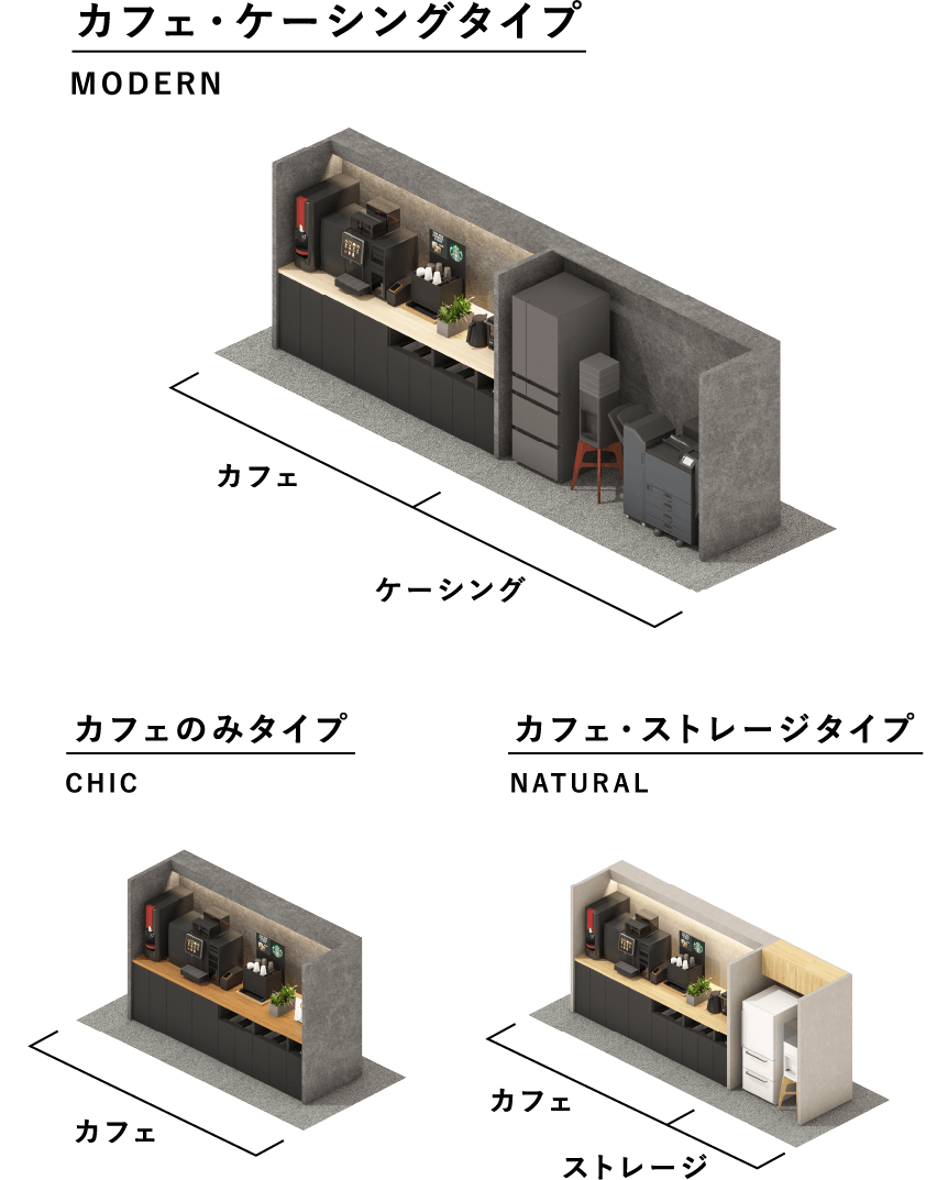 Type-2:big counter cabinet カフェ・ケーシングタイプ MODERN カフェのみタイプ CHIC カフェ・ストレージタイプ NATURAL